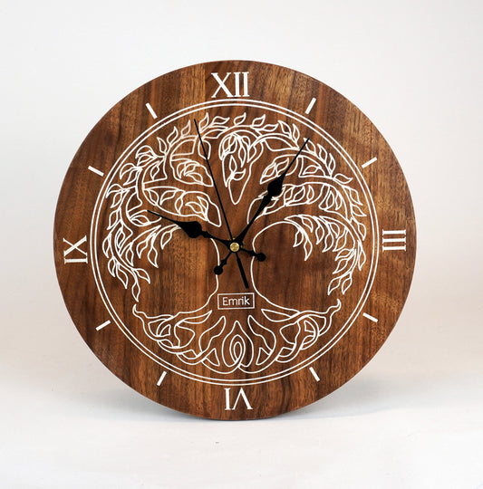 Wanduhr aus Holz Vintage Nussbaum  " keltischer Baum des Lebens in Weiß "