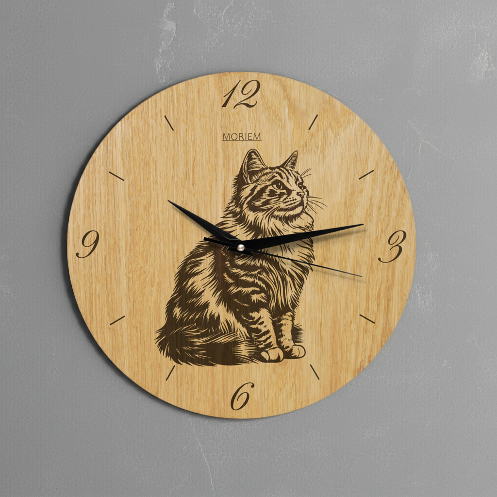 Wanduhr aus Holz - Angorakatze - moderne Wohnzimmeruhr - Eiche 30 cm/40 cm groß