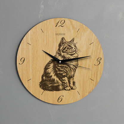 Wanduhr aus Holz - Angorakatze - moderne Wohnzimmeruhr - Eiche 30 cm/40 cm groß